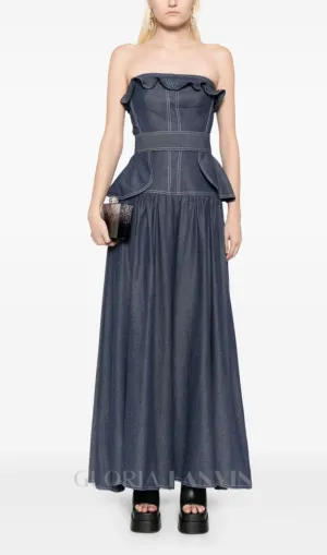SIGRID PEPLUM-WAIST DENIM JUMPSUIT IN NAVY BLUE Gloria Lanvin