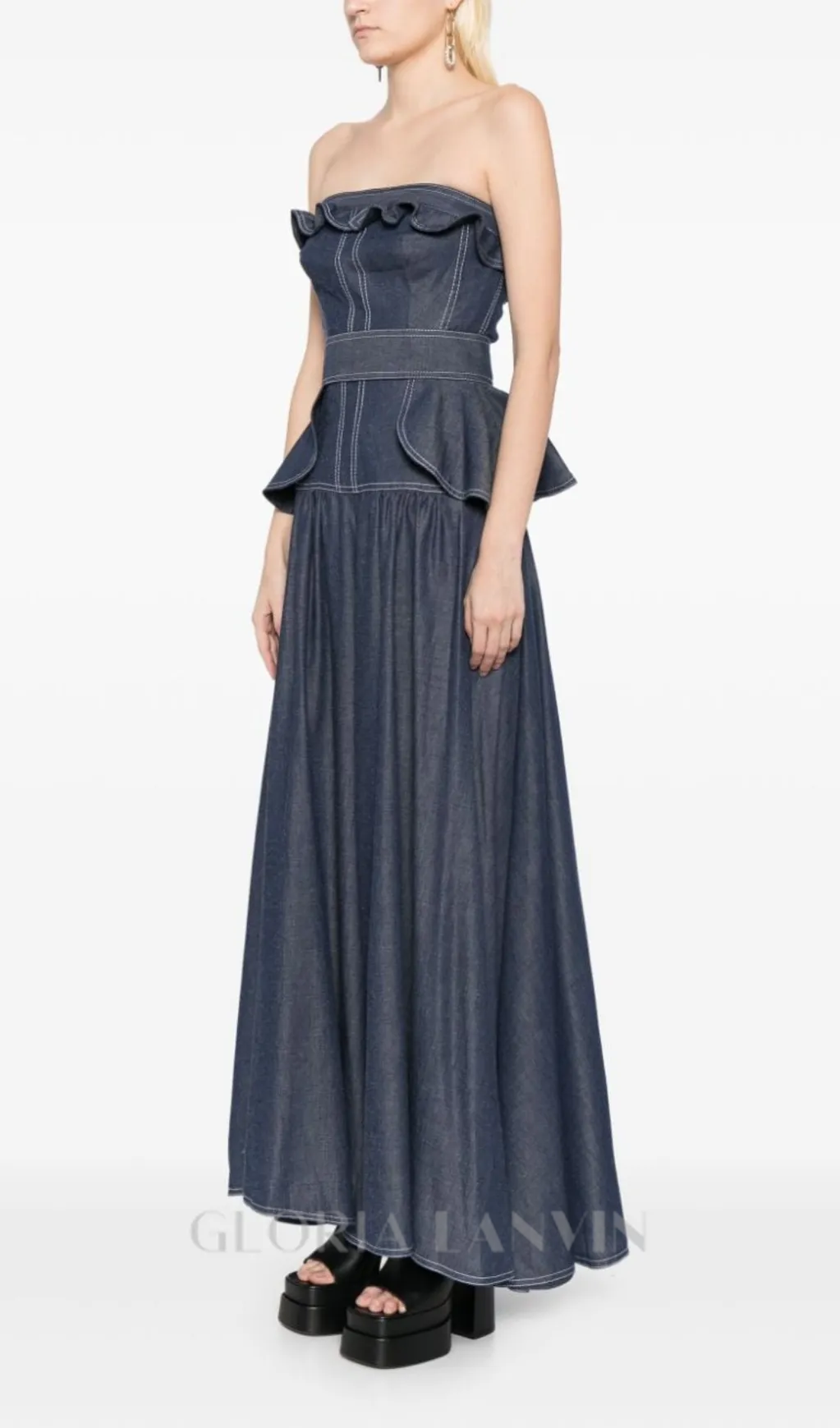 SIGRID PEPLUM-WAIST DENIM JUMPSUIT IN NAVY BLUE Gloria Lanvin