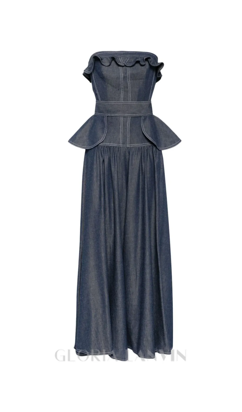 SIGRID PEPLUM-WAIST DENIM JUMPSUIT IN NAVY BLUE Gloria Lanvin