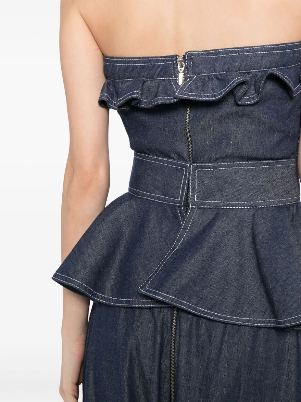 SIGRID PEPLUM-WAIST DENIM JUMPSUIT IN NAVY BLUE Gloria Lanvin