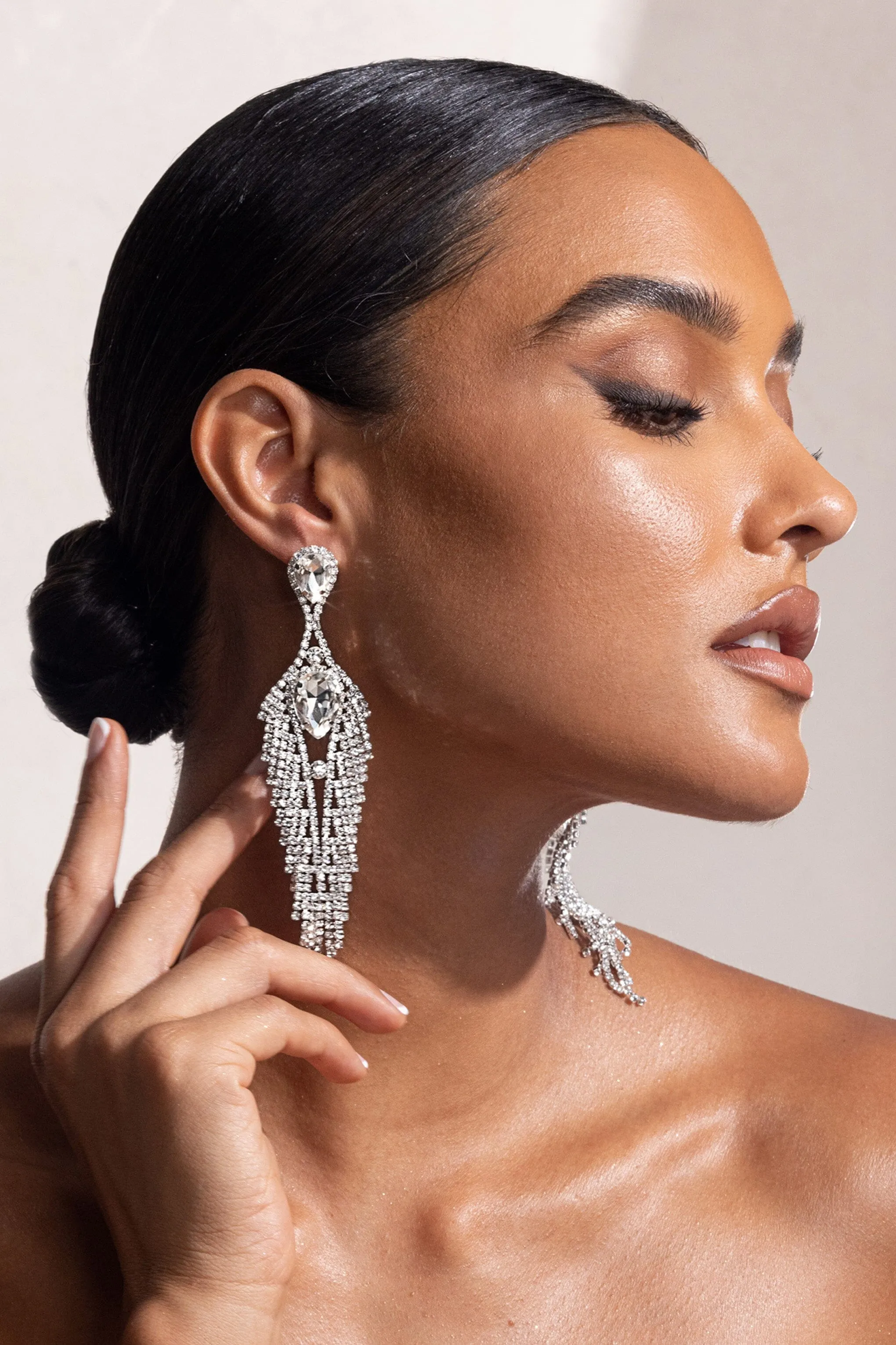 SILVER DIAMANTE TASSEL TEARDROP DROP EARRINGS Gloria Lanvin
