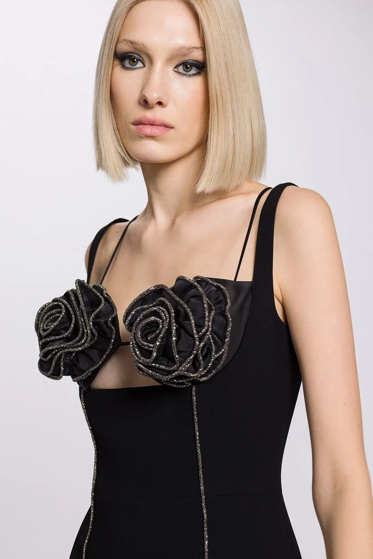 SILVER TRIM FLORAL BUSTIER MIDI DRESS IN BLACK Gloria Lanvin