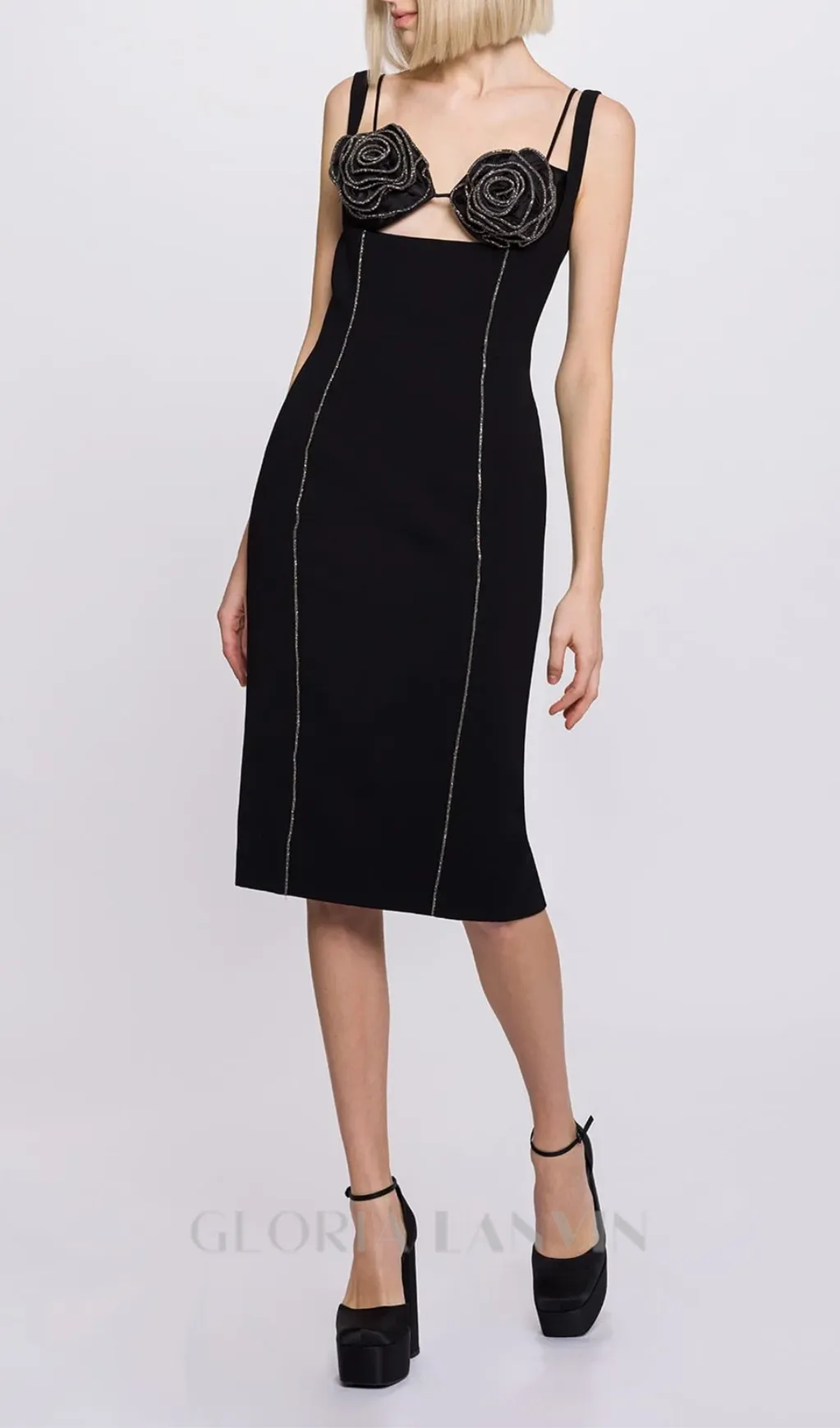 SILVER TRIM FLORAL BUSTIER MIDI DRESS IN BLACK Gloria Lanvin