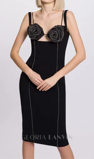 SILVER TRIM FLORAL BUSTIER MIDI DRESS IN BLACK Gloria Lanvin
