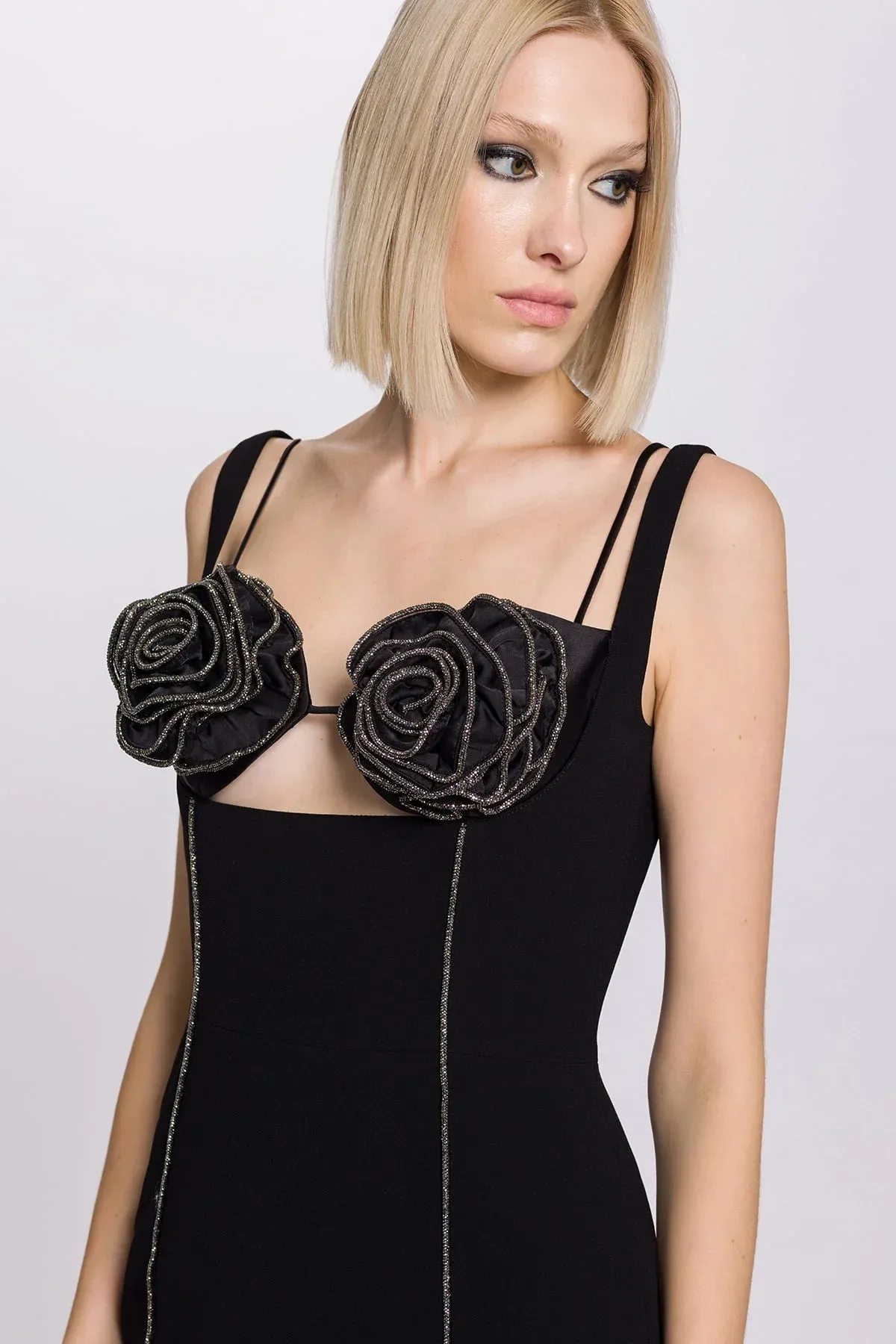 SILVER TRIM FLORAL BUSTIER MIDI DRESS IN BLACK Gloria Lanvin