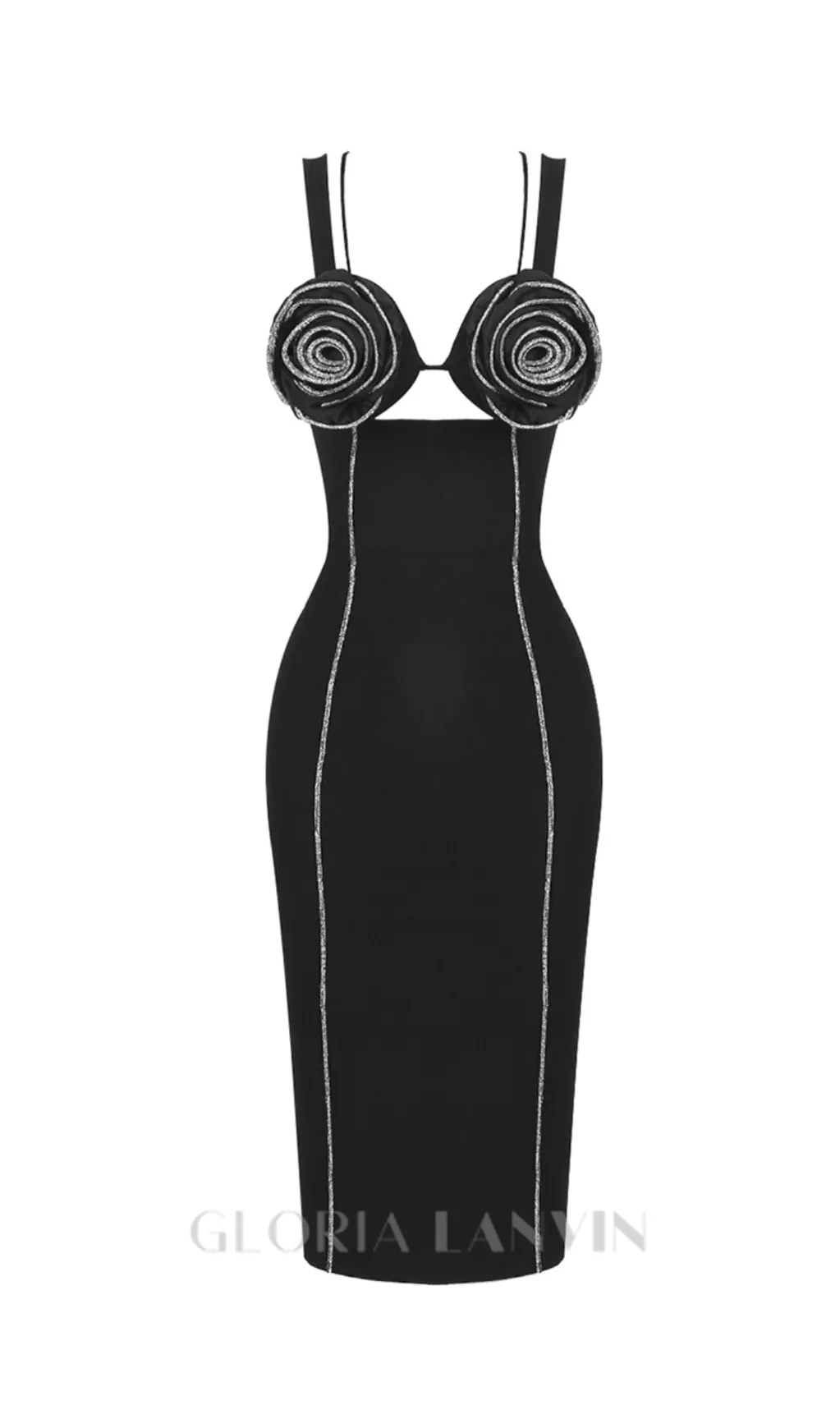 SILVER TRIM FLORAL BUSTIER MIDI DRESS IN BLACK Gloria Lanvin