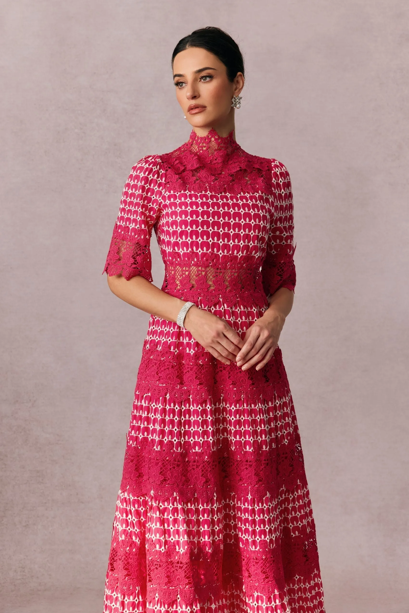 simona Embroidered Lace Midi Dress in red Gloria Lanvin
