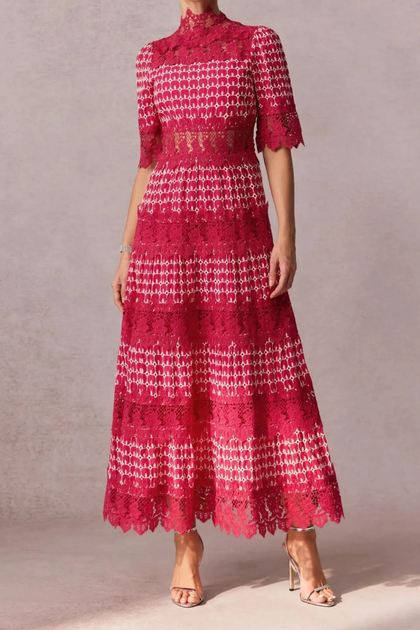 simona Embroidered Lace Midi Dress in red Gloria Lanvin
