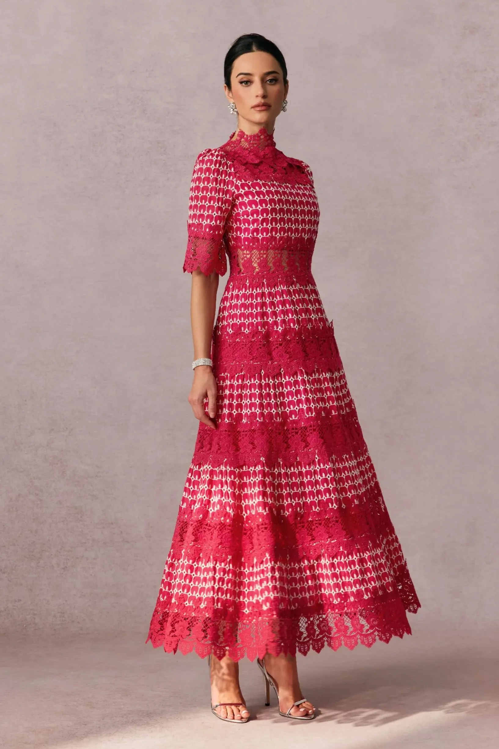 simona Embroidered Lace Midi Dress in red Gloria Lanvin