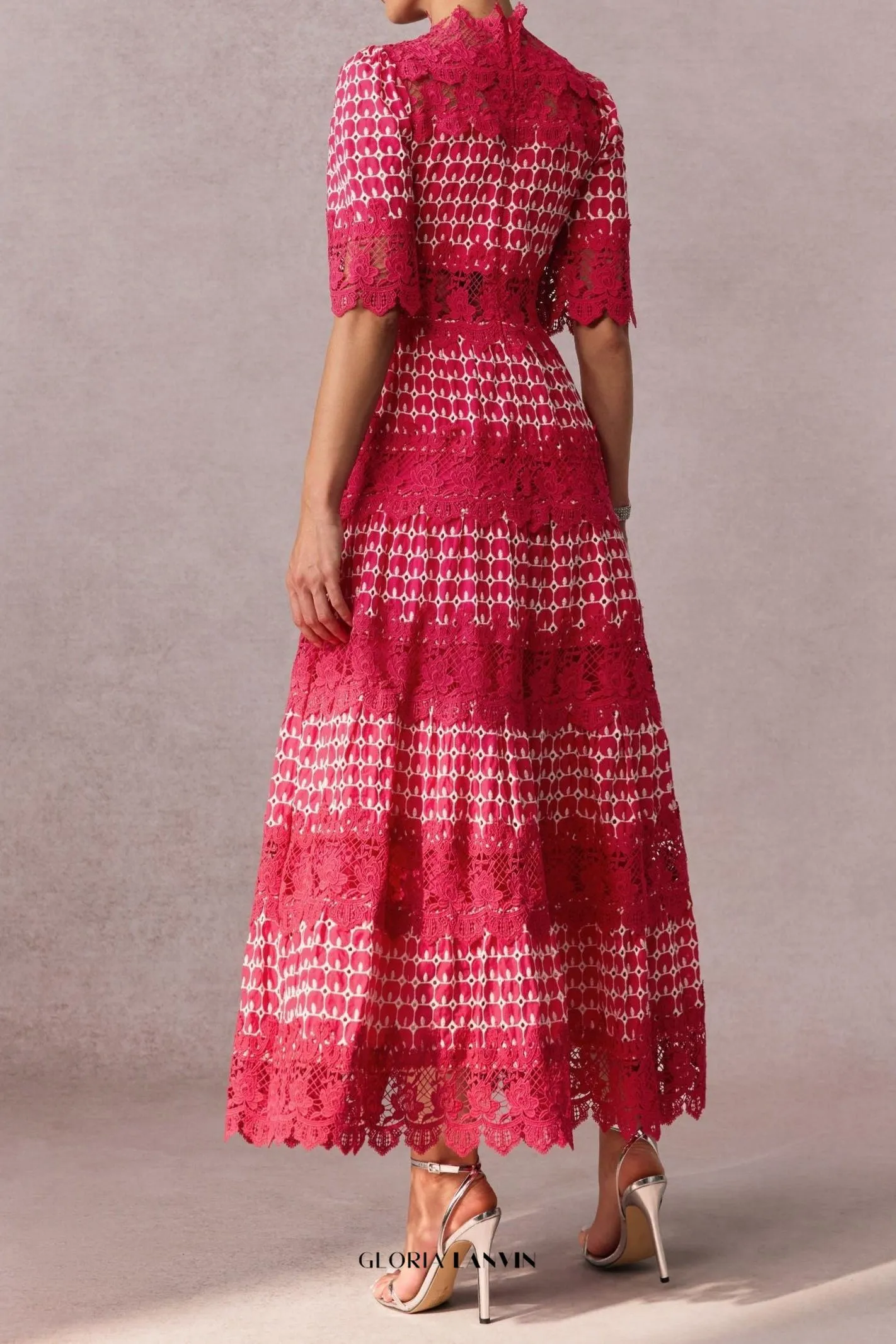 simona Embroidered Lace Midi Dress in red Gloria Lanvin
