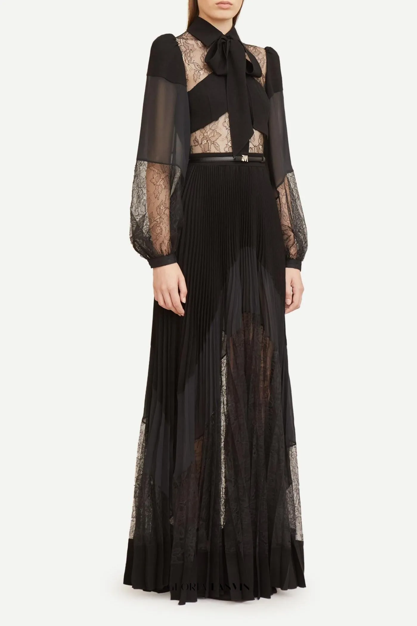 simona lace splice Pleated maxi Dress in black Gloria Lanvin