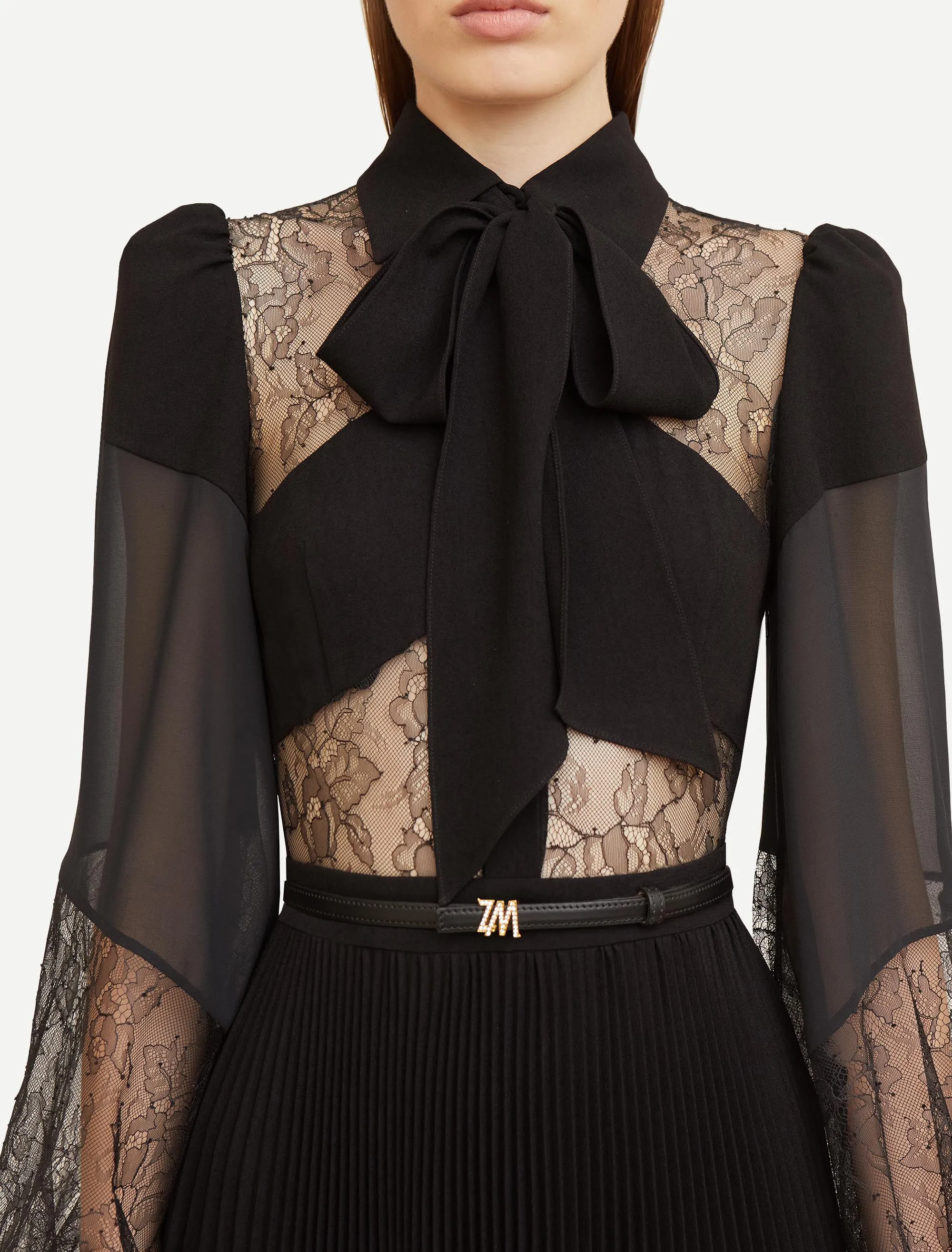 simona lace splice Pleated maxi Dress in black Gloria Lanvin