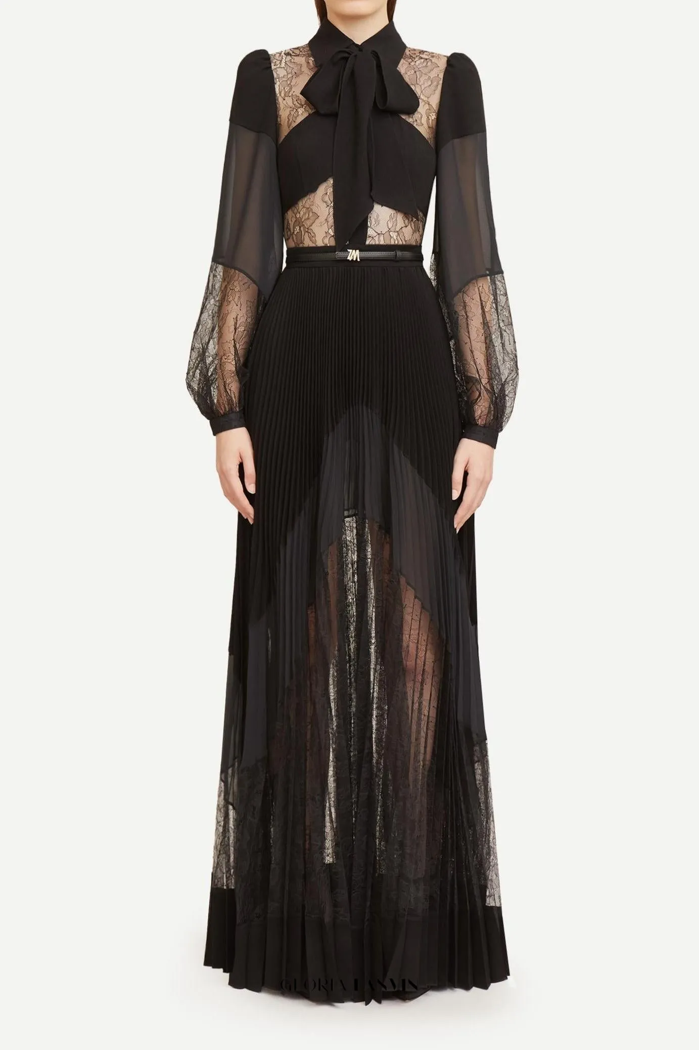 simona lace splice Pleated maxi Dress in black Gloria Lanvin