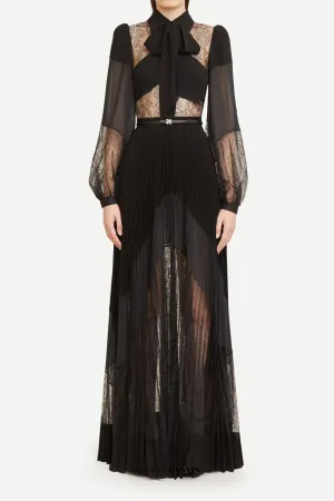 simona lace splice Pleated maxi Dress in black Gloria Lanvin