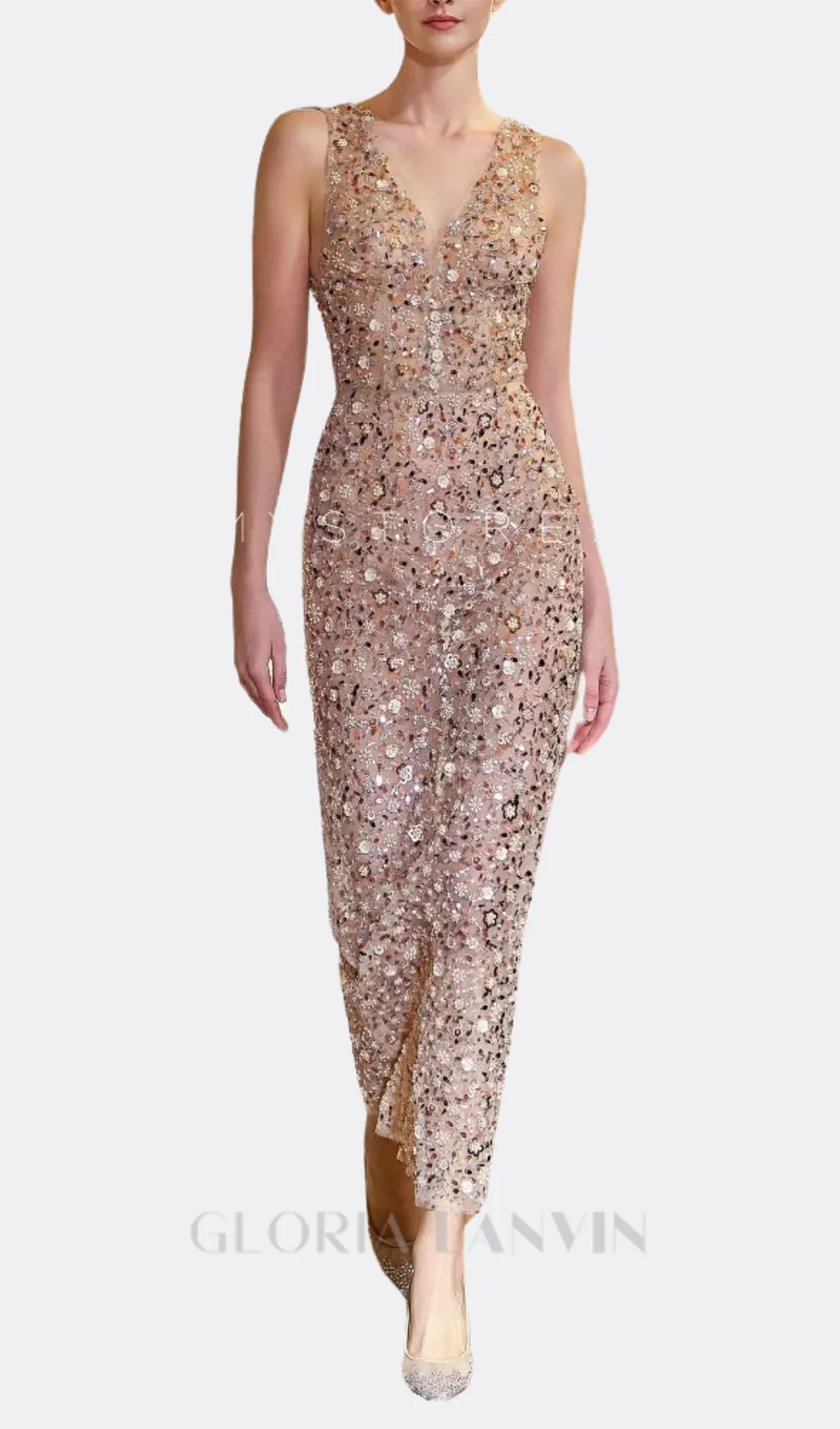 sleeveless flower Embroidery midi dress in beige Gloria Lanvin