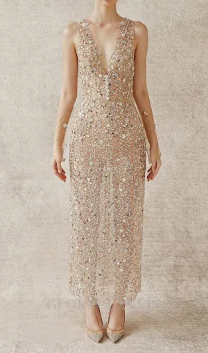 sleeveless flower Embroidery midi dress in beige Gloria Lanvin