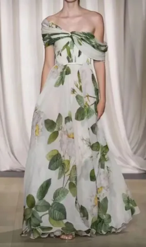 SLEEVELESS GREEN PRINTED BATEAU NECKLINE OFF-SHOULDER TUBE TOP MAXI DRESS Gloria Lanvin