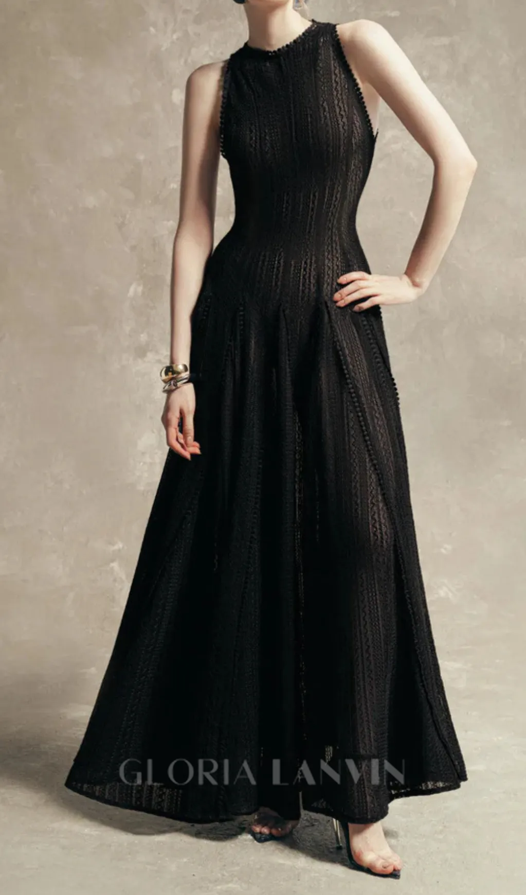 sleeveless lace crochet maxi dress in black Gloria Lanvin