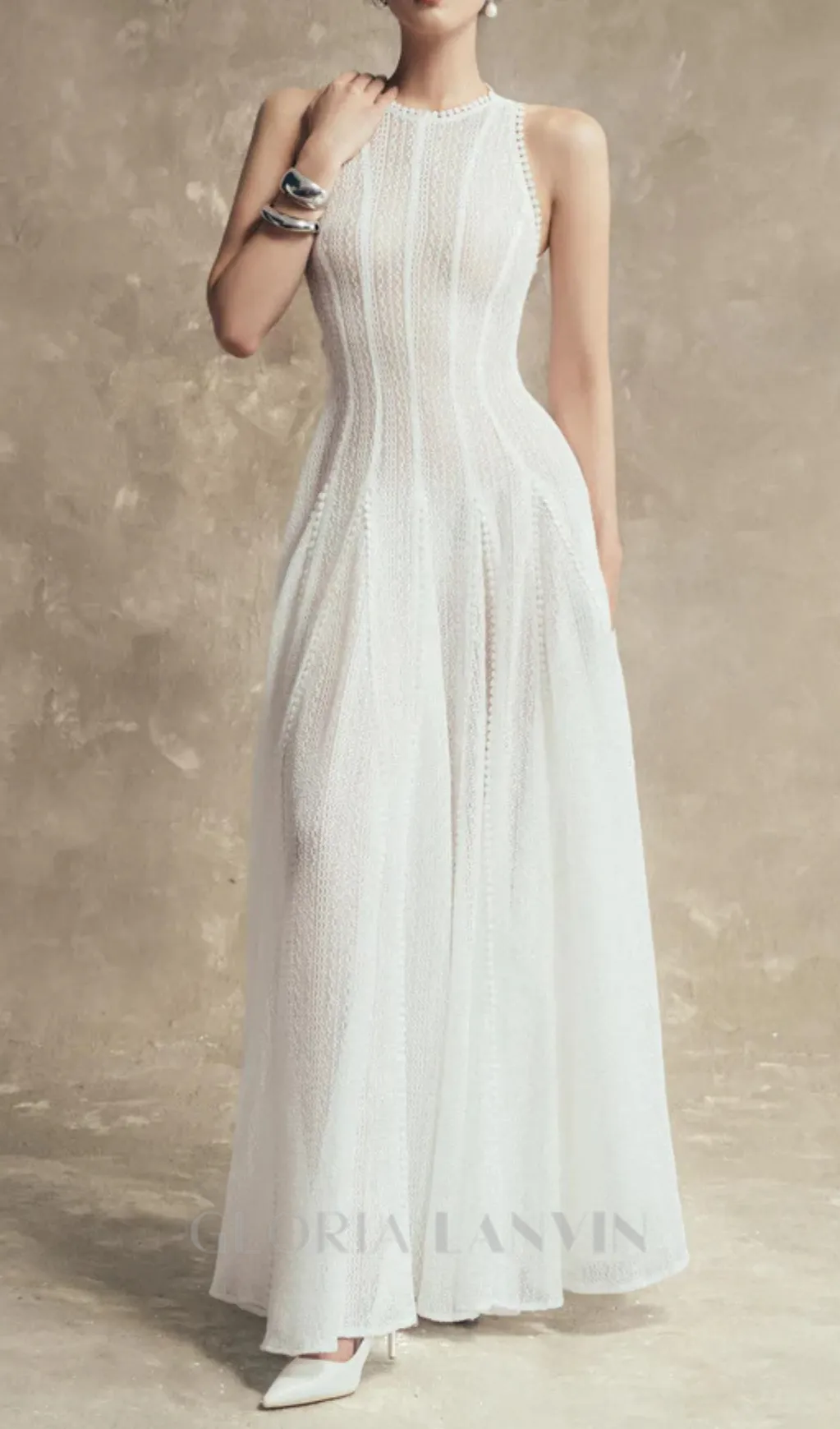 sleeveless lace crochet maxi dress in white Gloria Lanvin