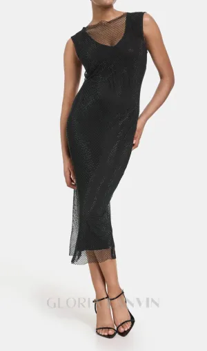 sleeveless mesh shift midi dress in black Gloria Lanvin