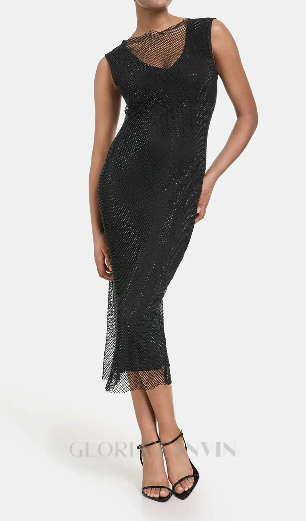 sleeveless mesh shift midi dress in black Gloria Lanvin