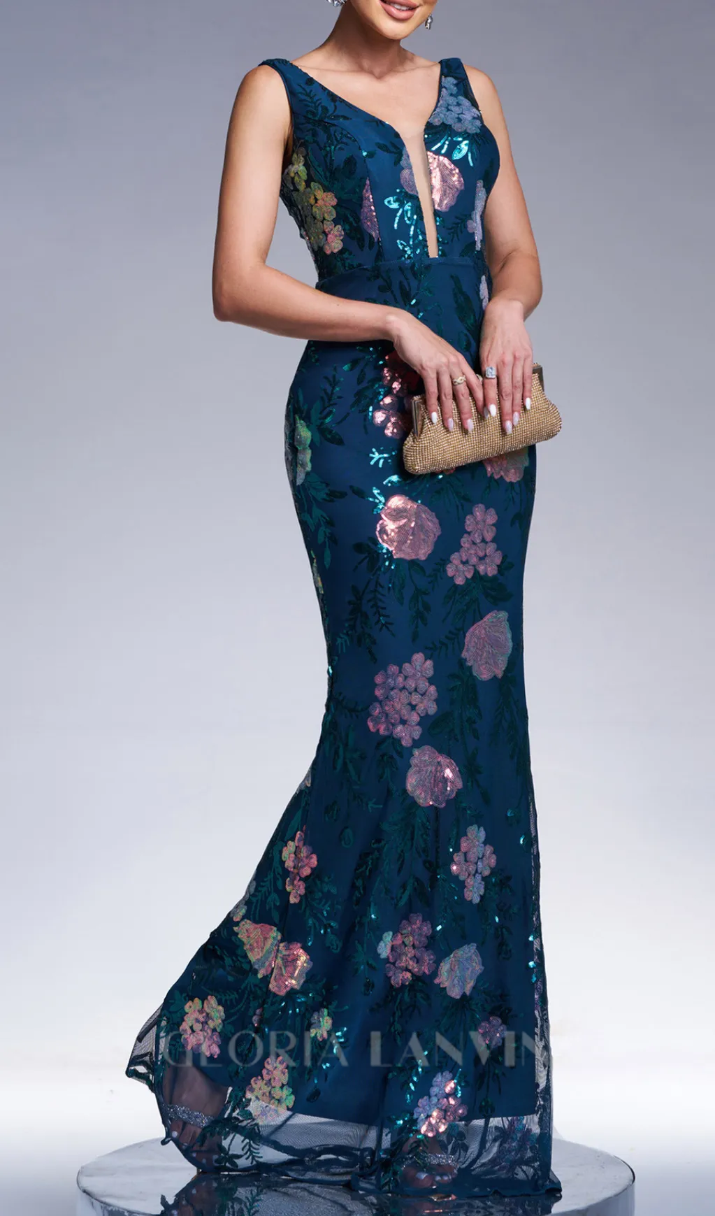 sleeveless sequin print maxi dress in dark green Gloria Lanvin