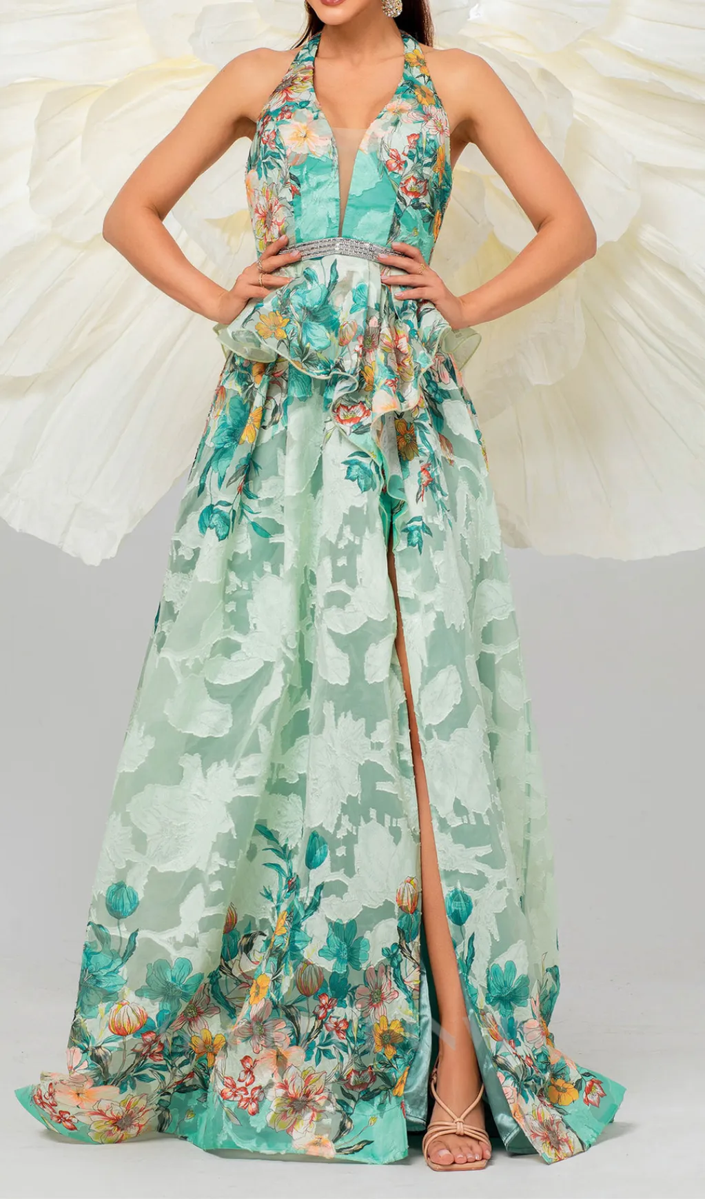 sleeveless v-neck floral print halter maxi dress in green Gloria Lanvin