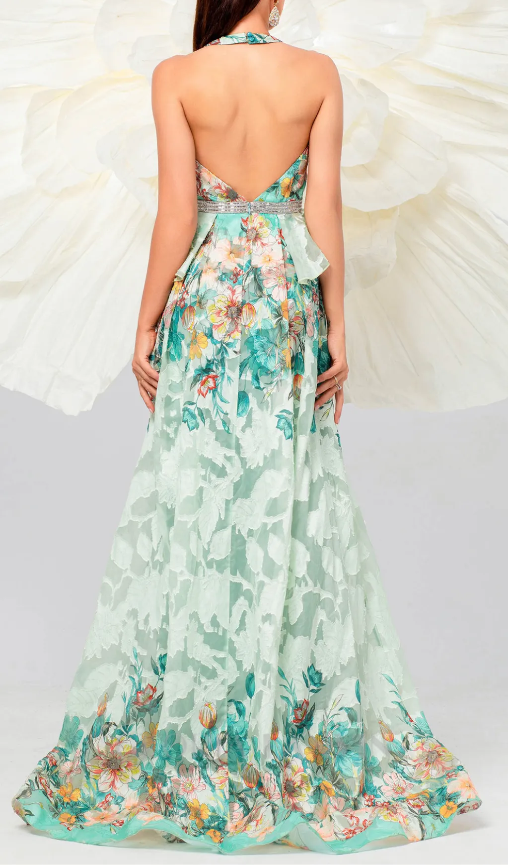 sleeveless v-neck floral print halter maxi dress in green Gloria Lanvin
