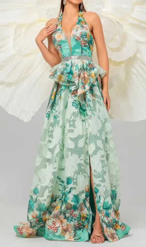 sleeveless v-neck floral print halter maxi dress in green Gloria Lanvin