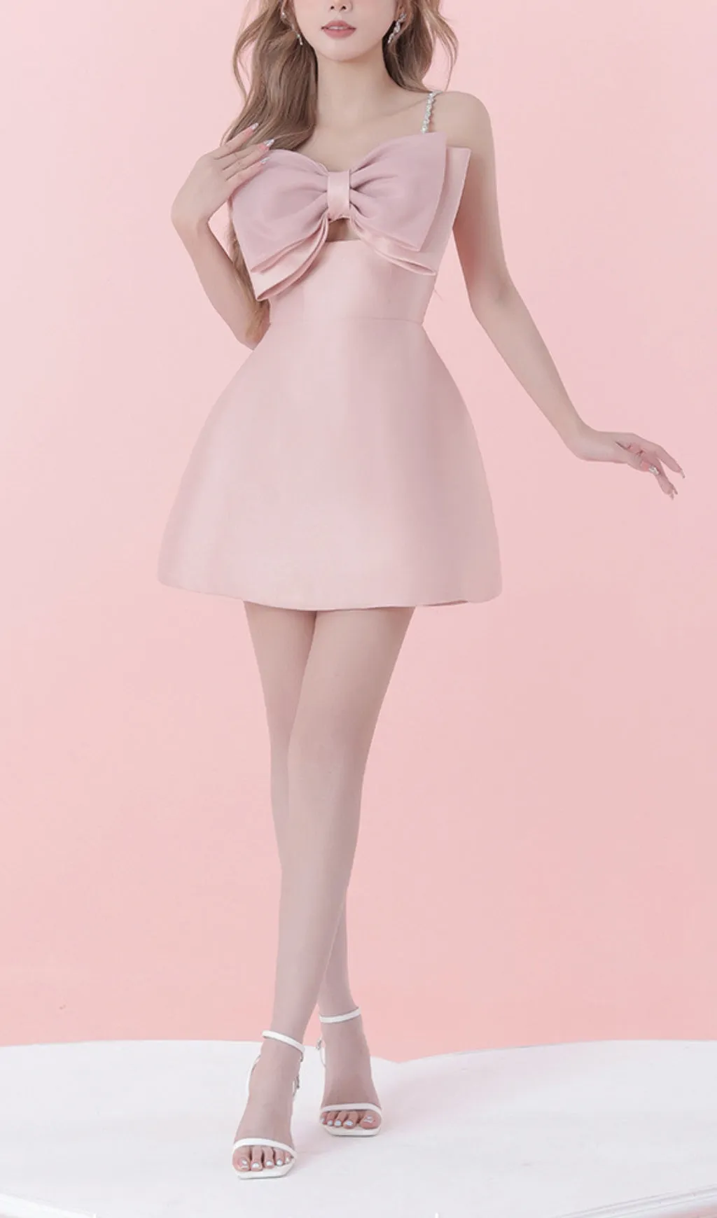 SLING BOW A-LINE MINI DRESS IN PINK Gloria Lanvin