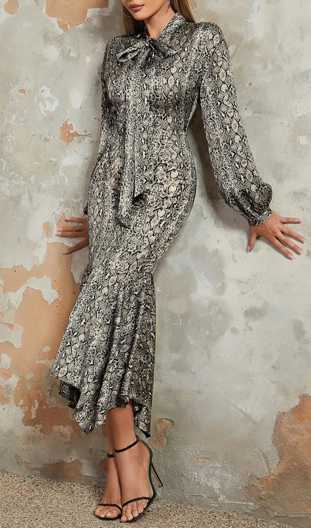 SNAKE PRINT LANTERN SLEEVE MERMAID HEM MAXI DRESS Gloria Lanvin