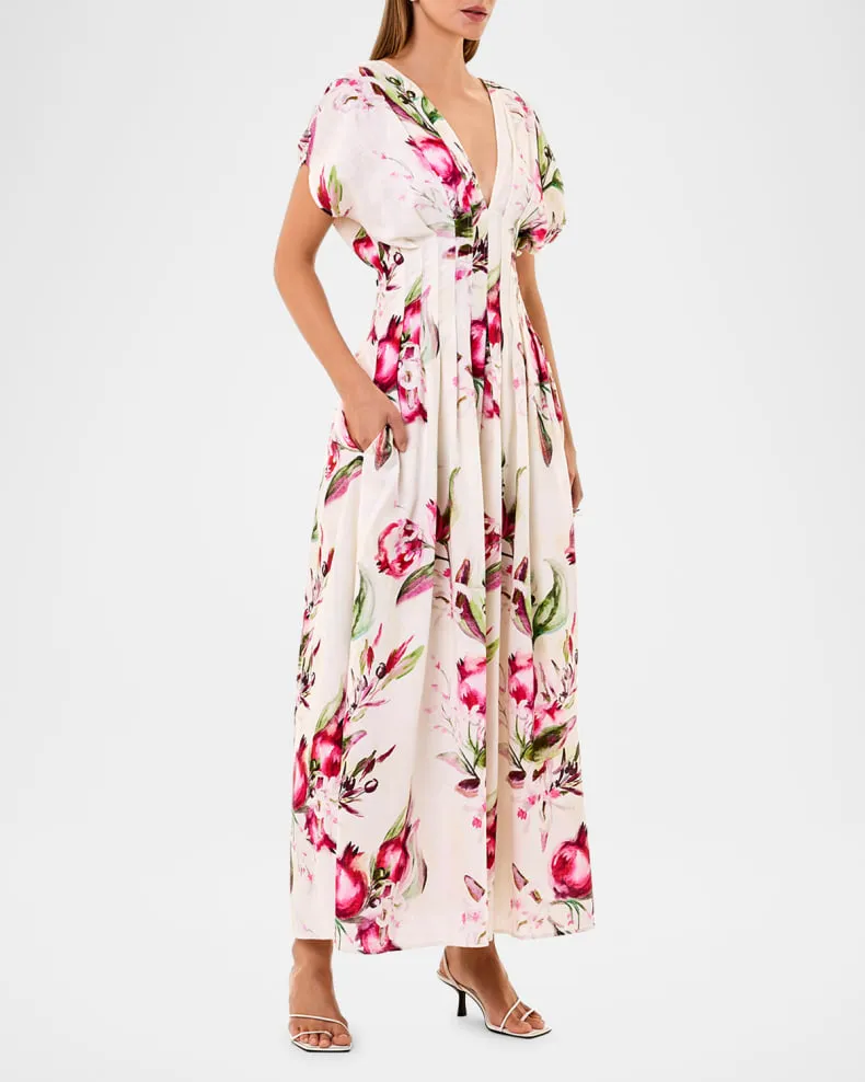 Sonya Pleated Floral Print Maxi Dress in white Gloria Lanvin