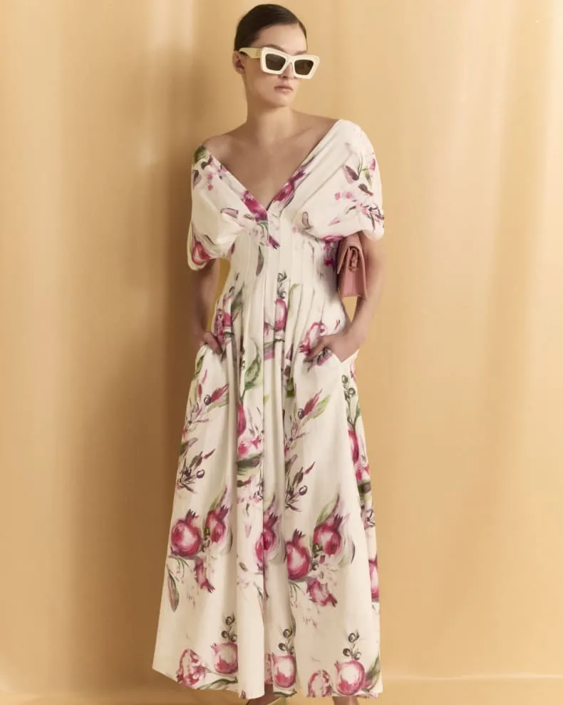Sonya Pleated Floral Print Maxi Dress in white Gloria Lanvin