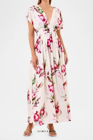 Sonya Pleated Floral Print Maxi Dress in white Gloria Lanvin