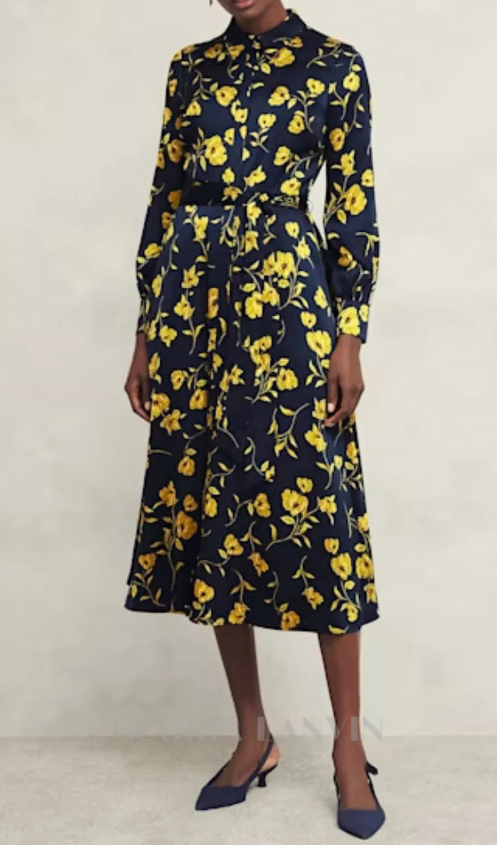 sophia floral shirt midi dress in navy yellow Gloria Lanvin