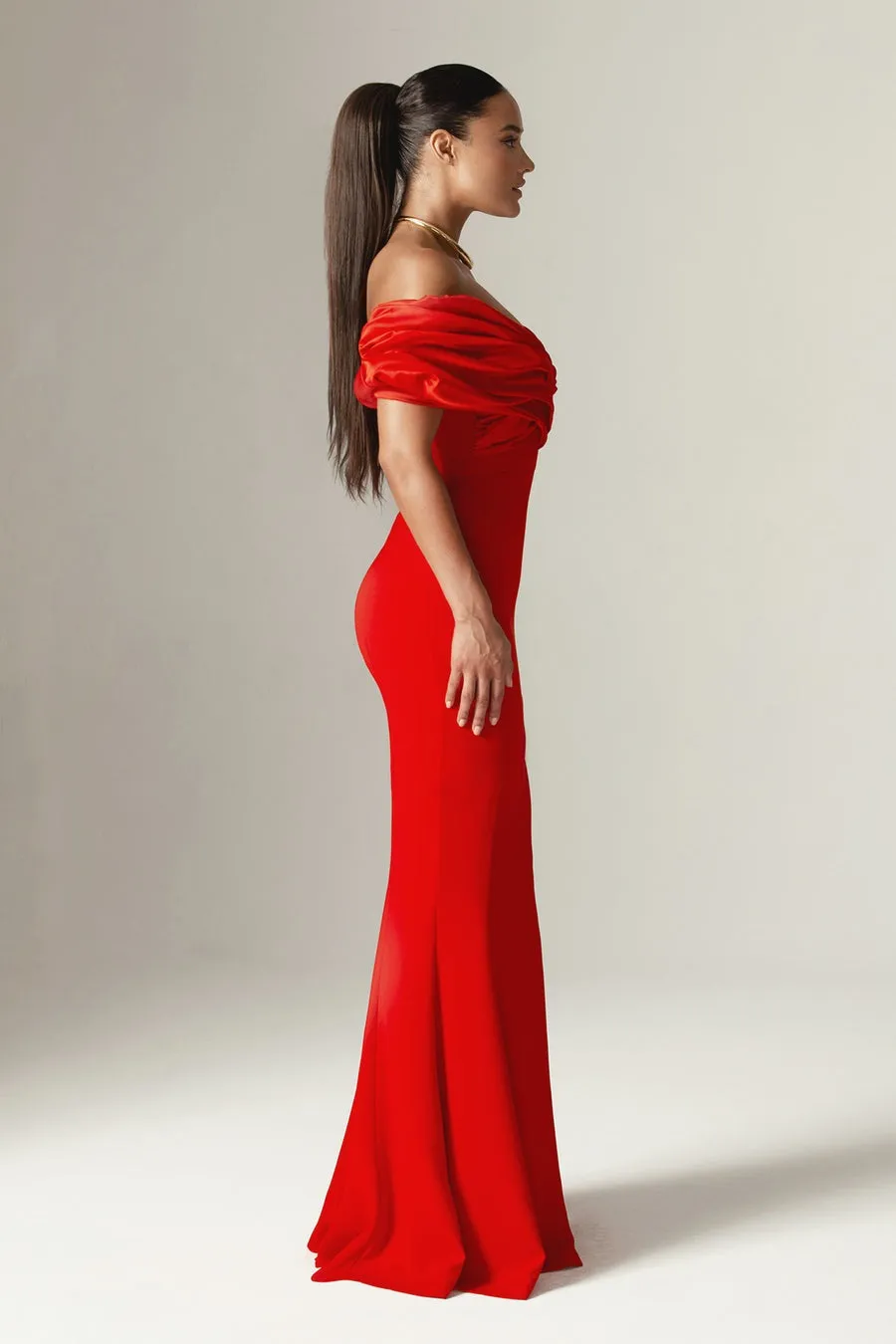 Sophia Off Shoulder Ruched Maxi Slit Dress in red Gloria Lanvin
