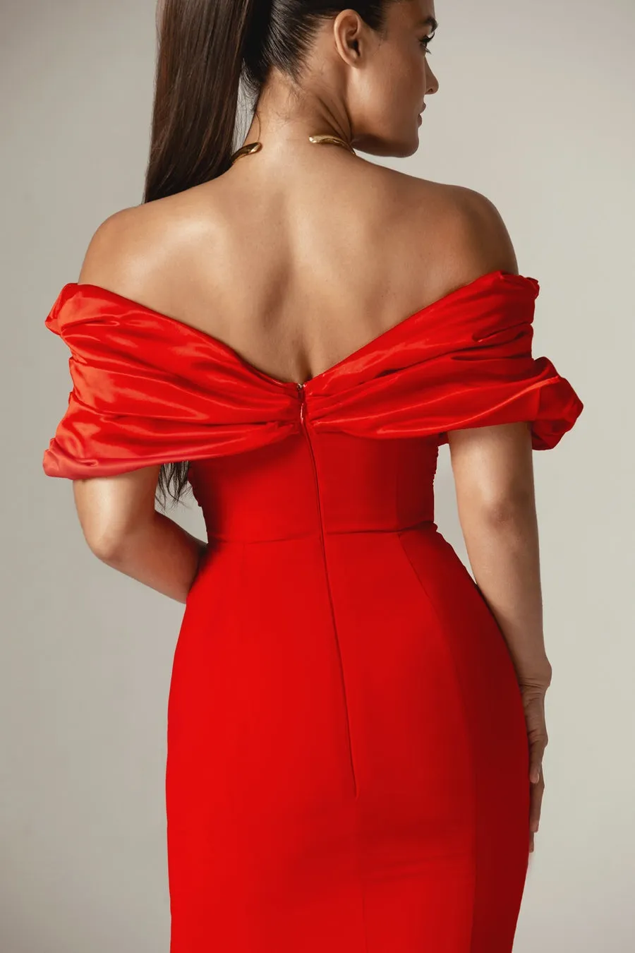 Sophia Off Shoulder Ruched Maxi Slit Dress in red Gloria Lanvin