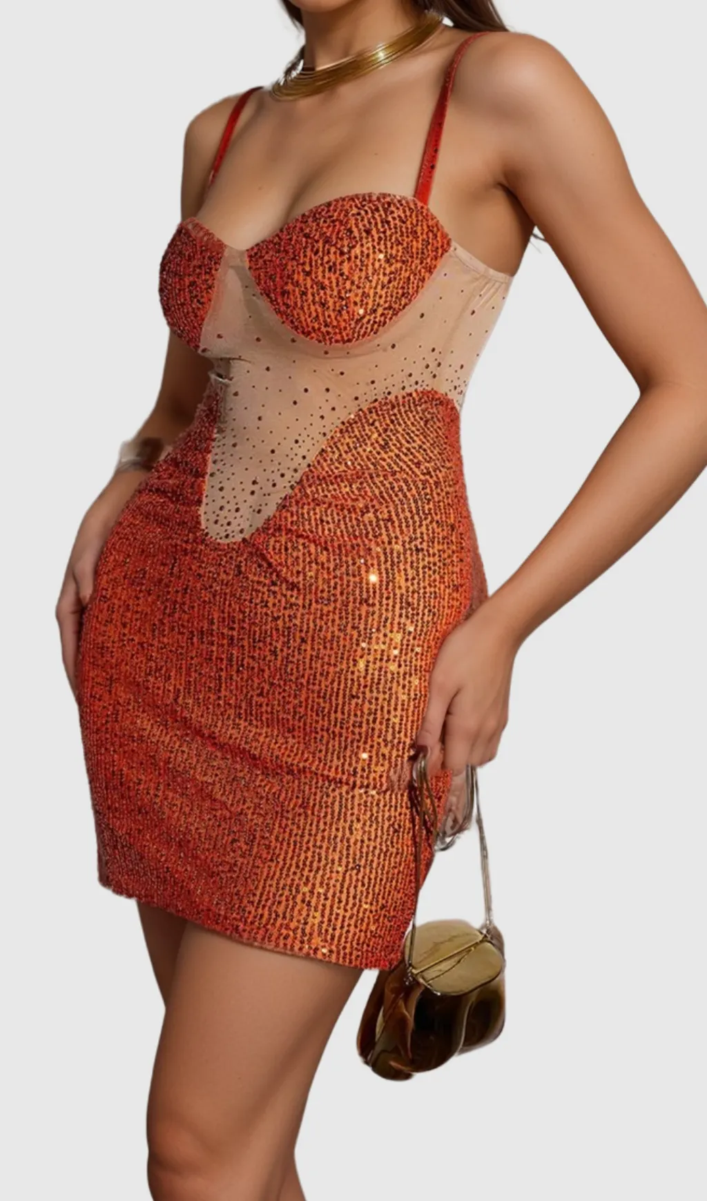 SOPHIA ORANGE SPAGHETTI SEQUIN MINI DRESS Gloria Lanvin