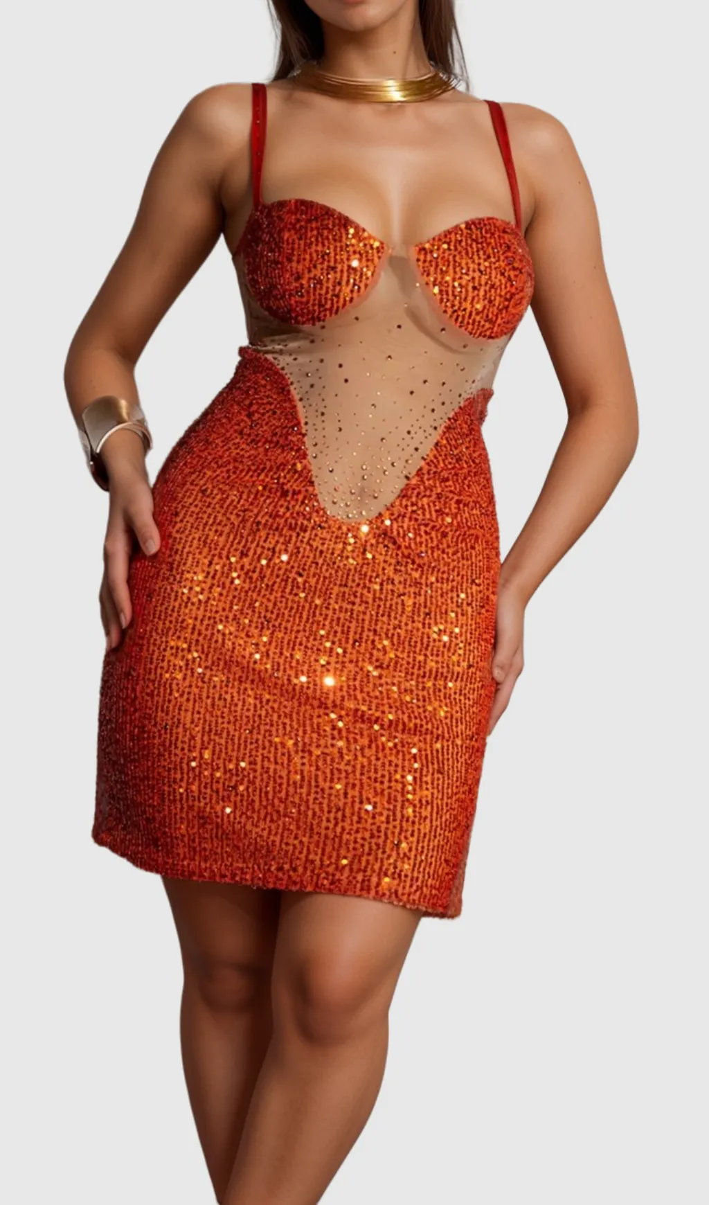 SOPHIA ORANGE SPAGHETTI SEQUIN MINI DRESS Gloria Lanvin