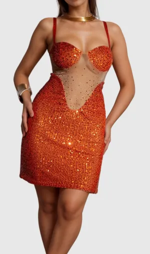SOPHIA ORANGE SPAGHETTI SEQUIN MINI DRESS Gloria Lanvin