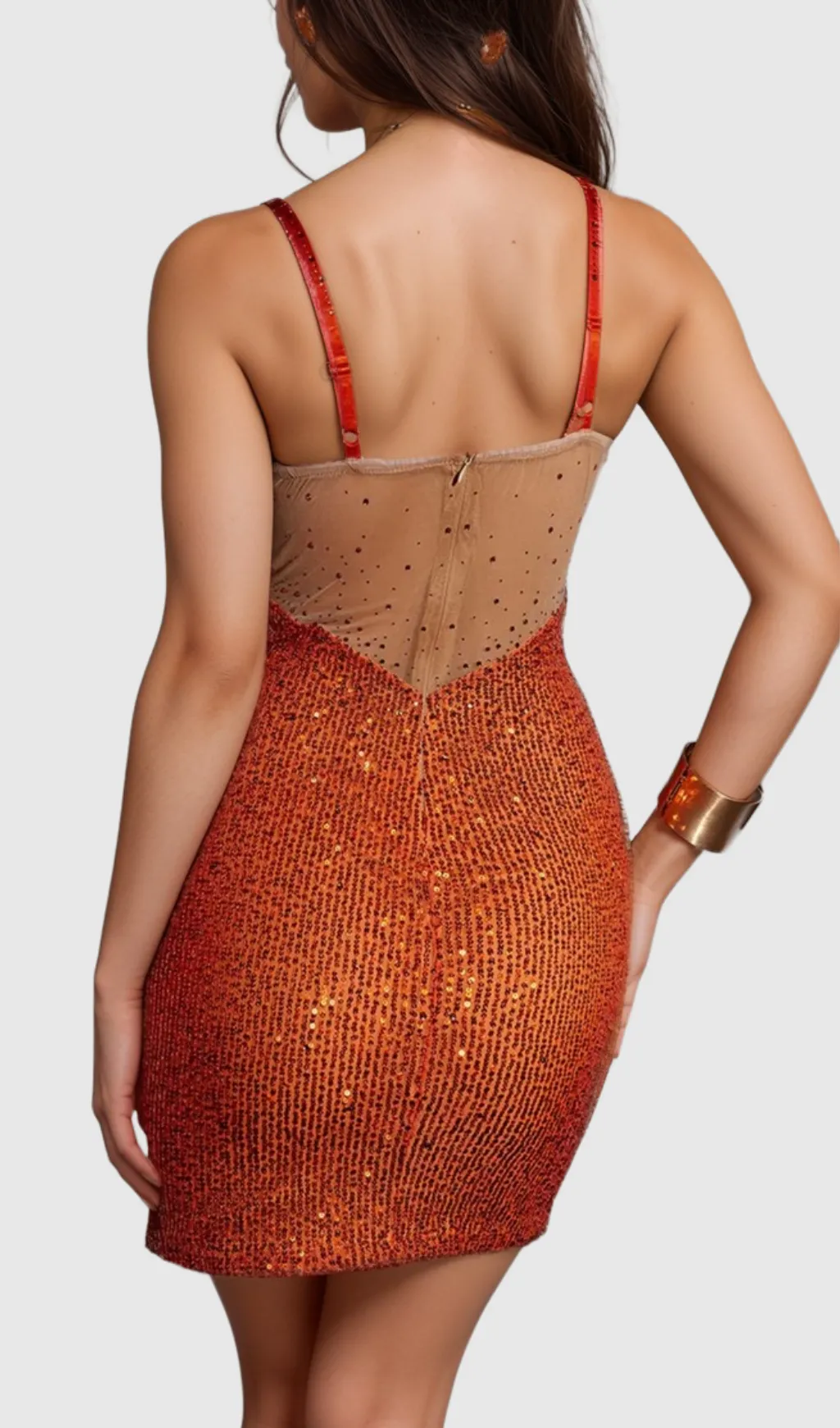 SOPHIA ORANGE SPAGHETTI SEQUIN MINI DRESS Gloria Lanvin
