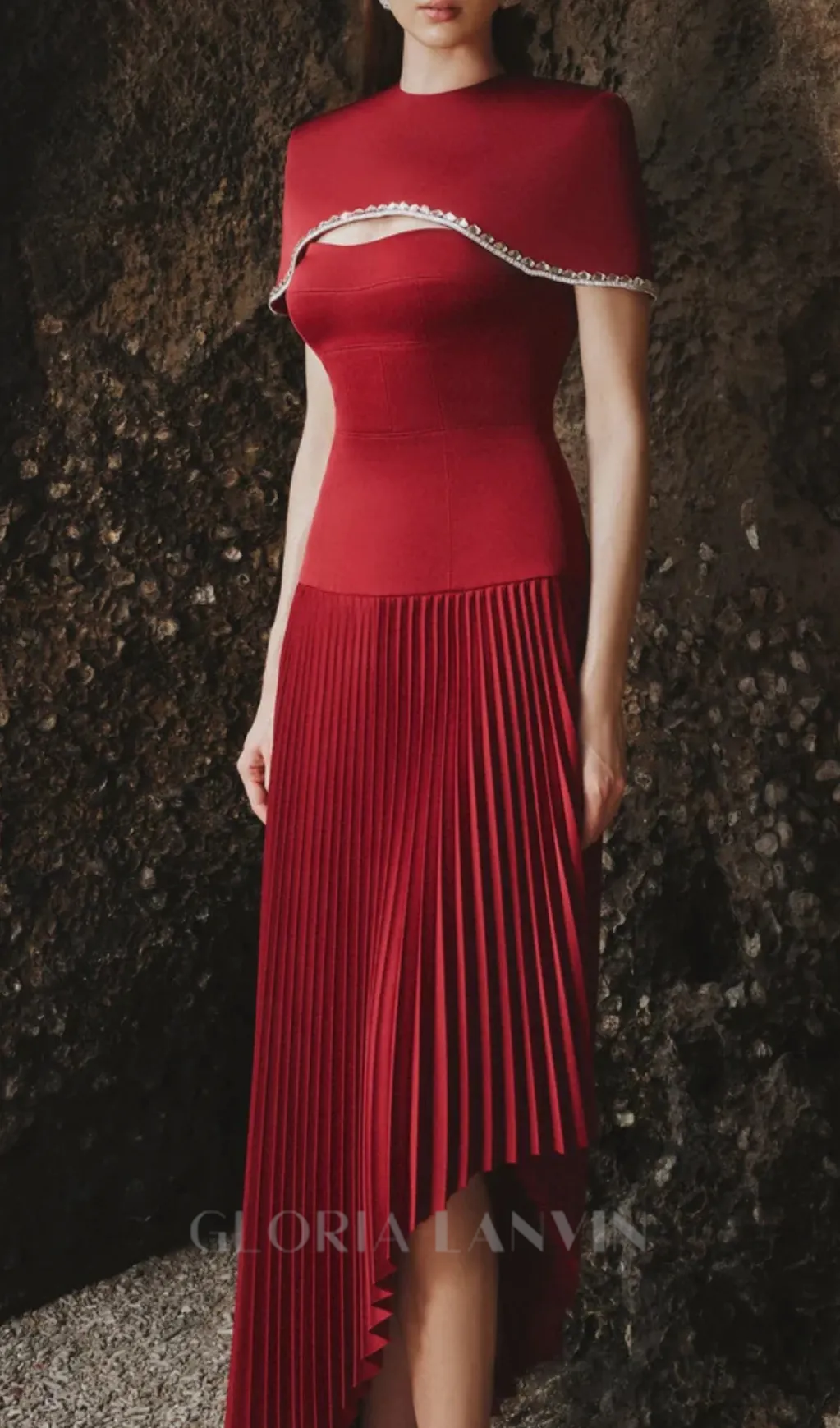 Spaghetti Strap Asymmetric Pleated midi Dress in red Gloria Lanvin