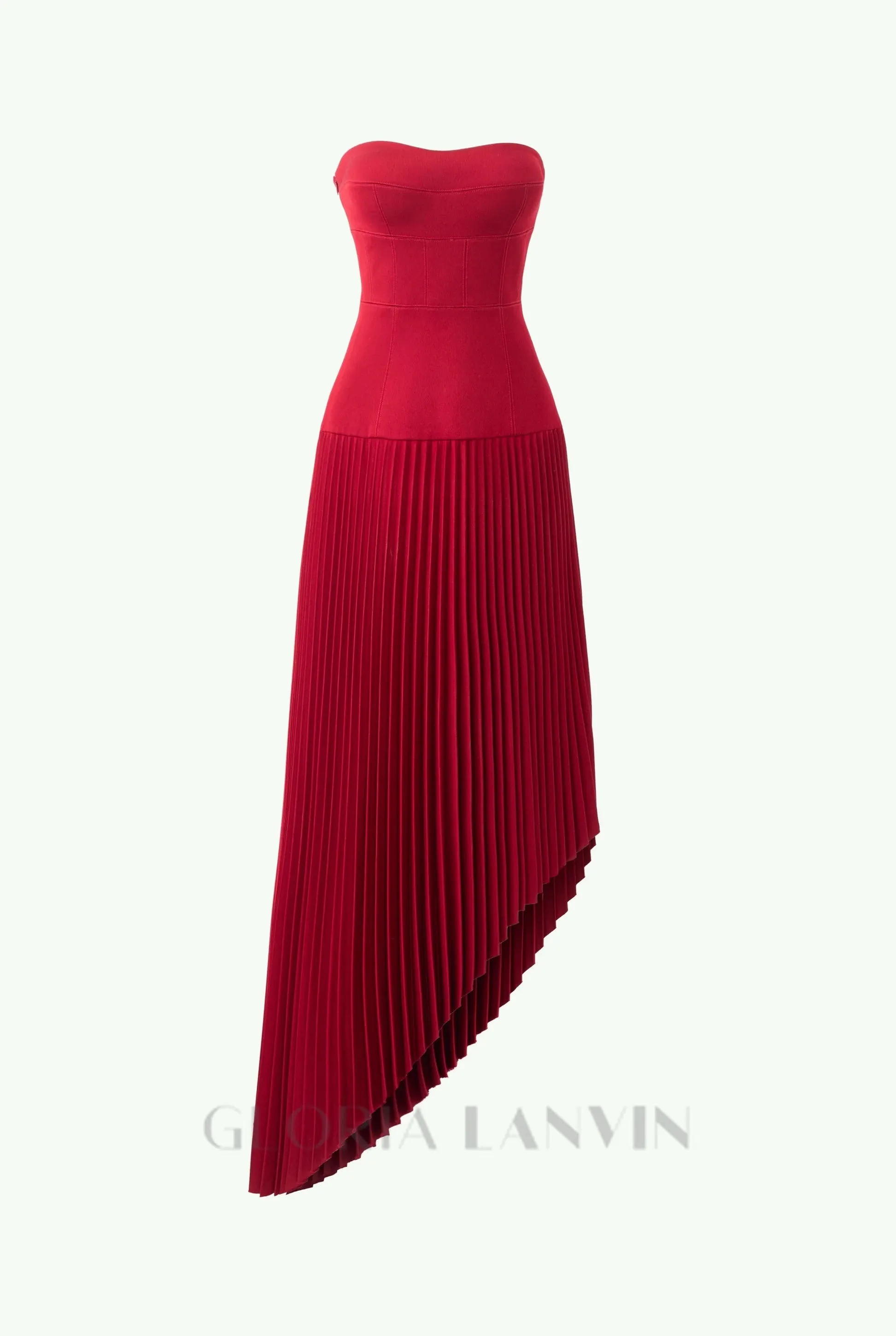 Spaghetti Strap Asymmetric Pleated midi Dress in red Gloria Lanvin