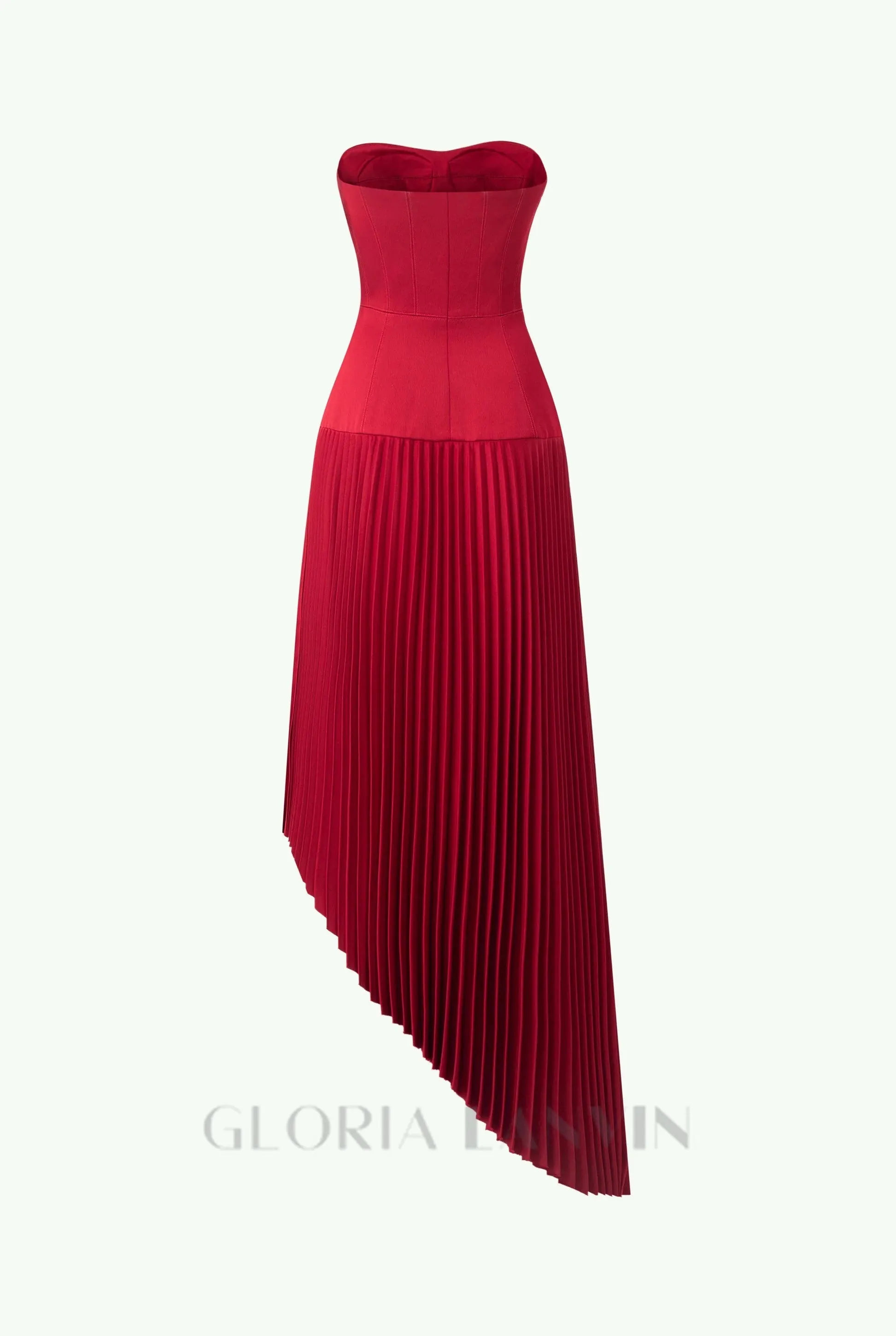 Spaghetti Strap Asymmetric Pleated midi Dress in red Gloria Lanvin