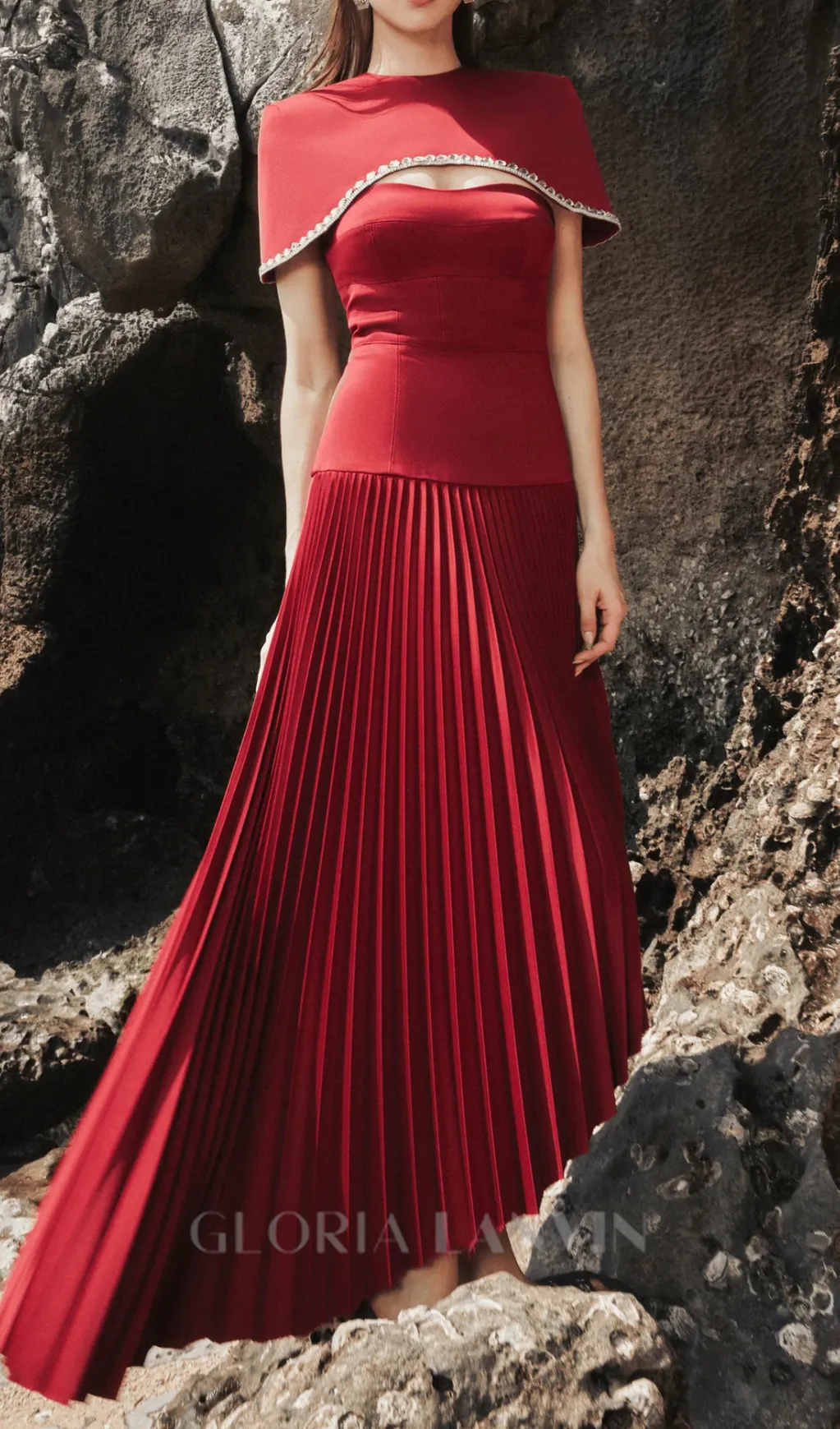 Spaghetti Strap Asymmetric Pleated midi Dress in red Gloria Lanvin