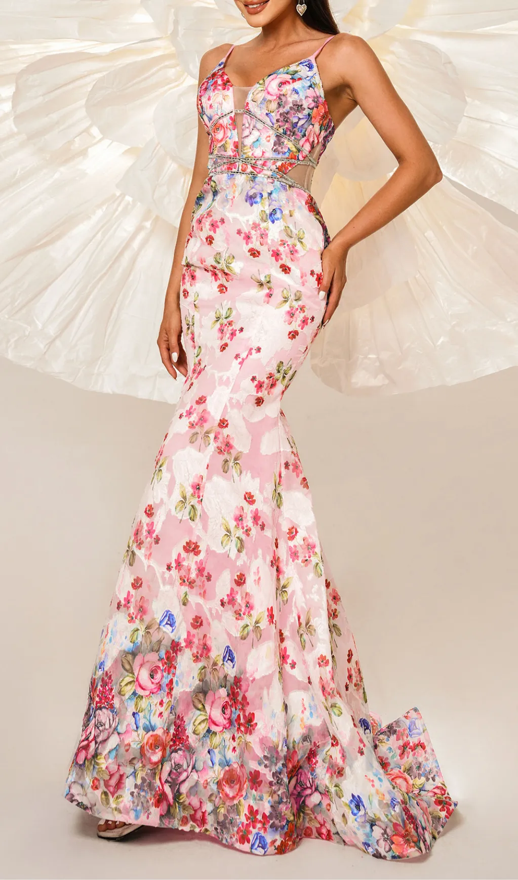 Spaghetti Straps Floral Print Mermaid maxi Dress in pink Gloria Lanvin