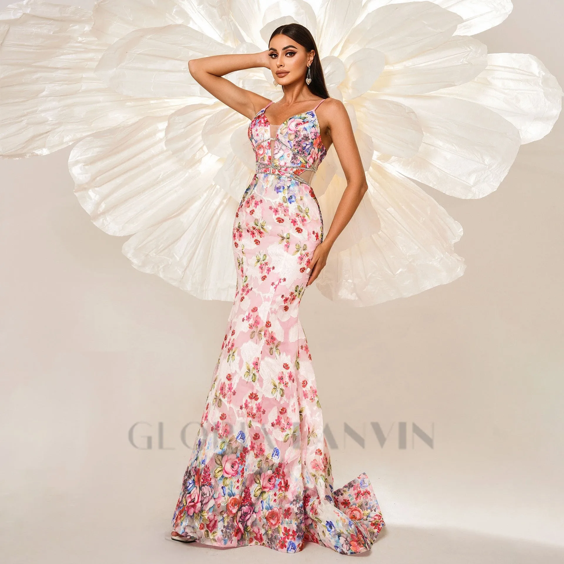 Spaghetti Straps Floral Print Mermaid maxi Dress in pink Gloria Lanvin