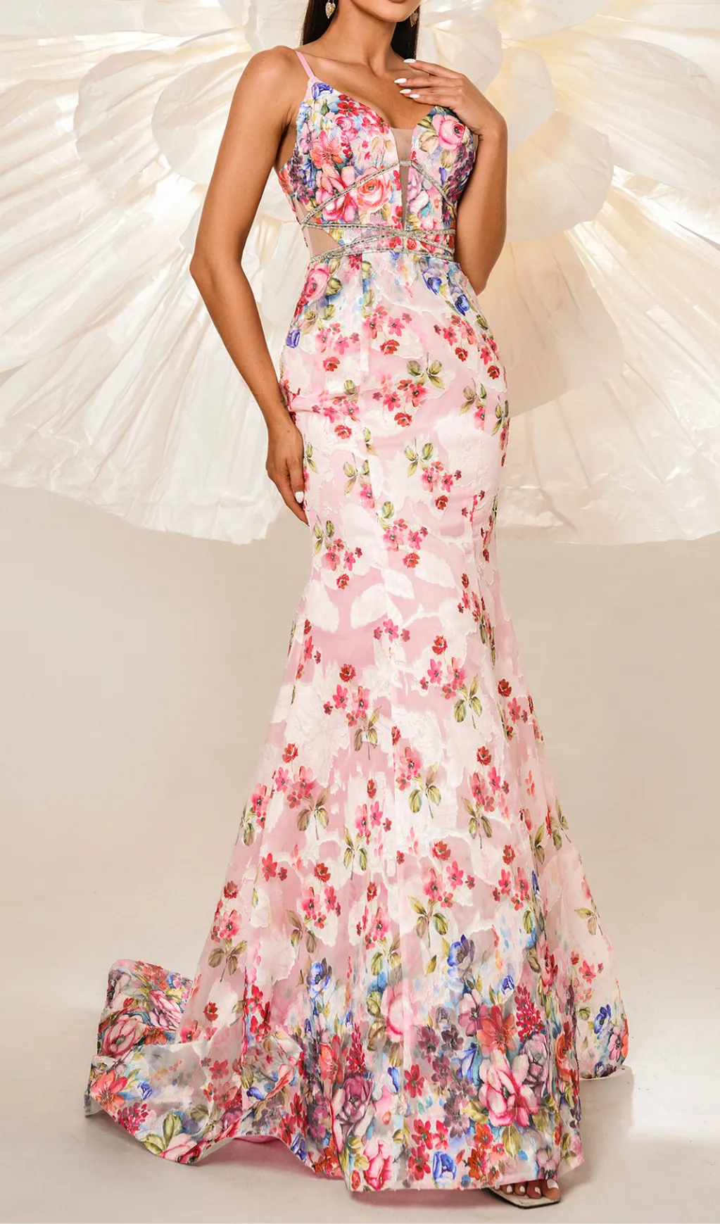 Spaghetti Straps Floral Print Mermaid maxi Dress in pink Gloria Lanvin