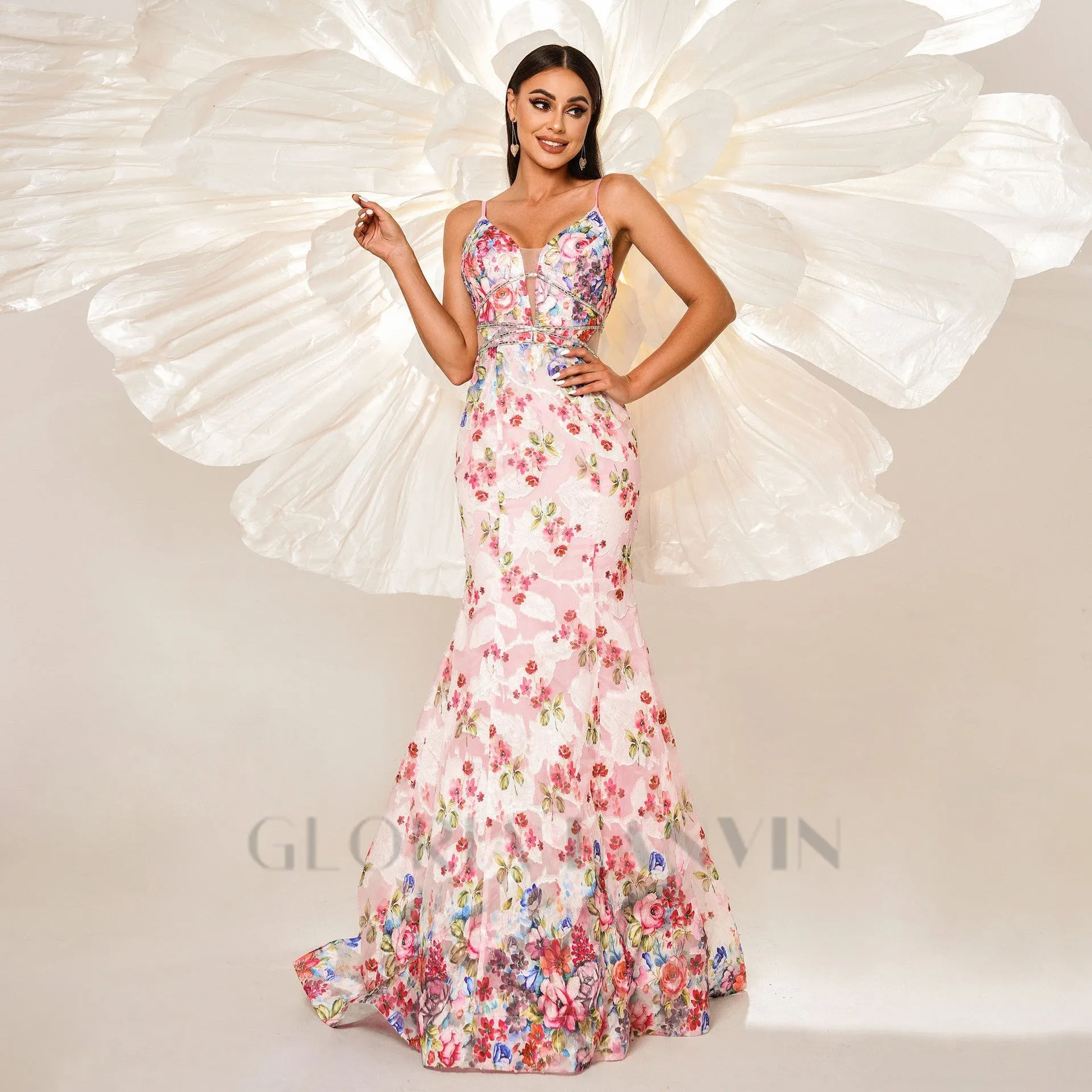 Spaghetti Straps Floral Print Mermaid maxi Dress in pink Gloria Lanvin