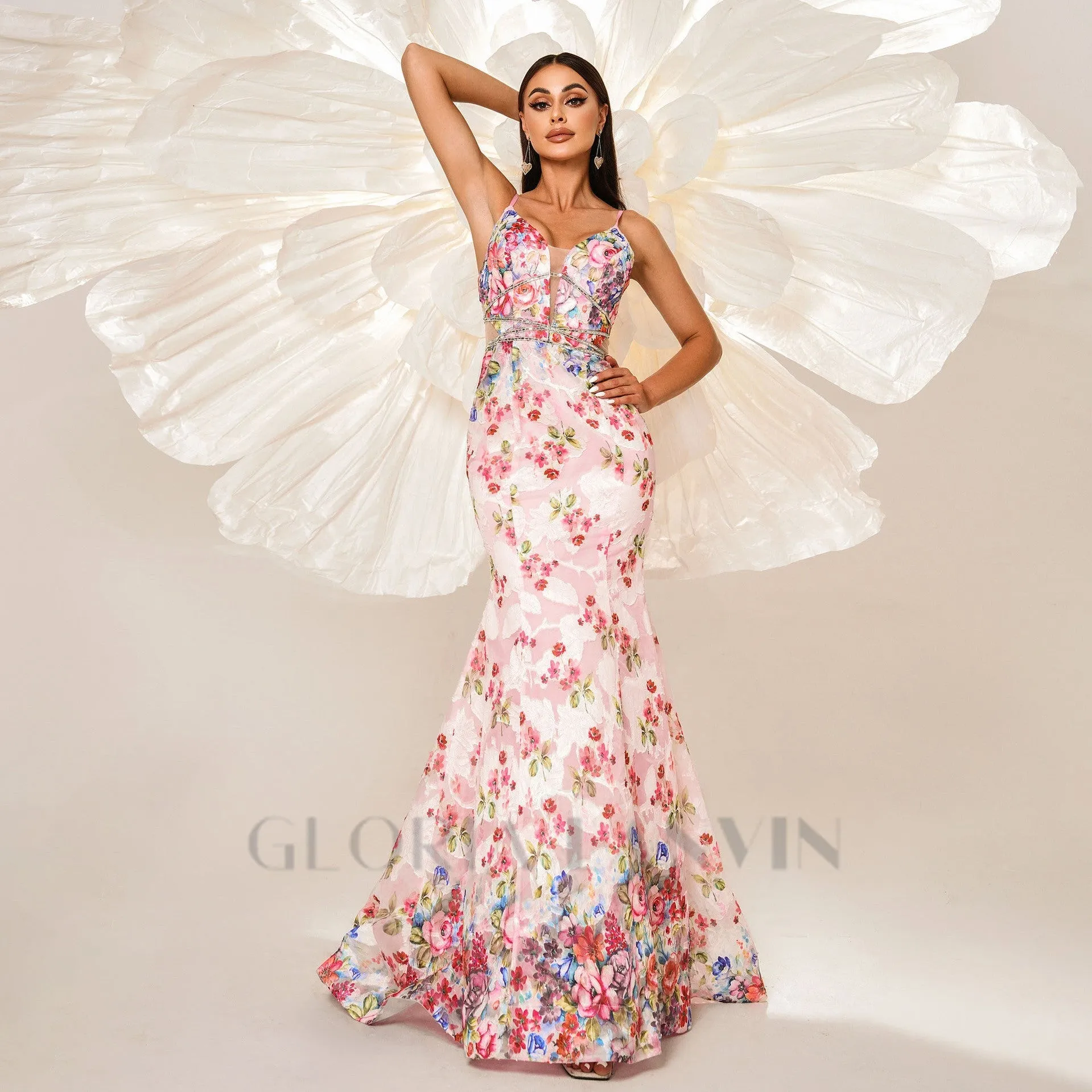 Spaghetti Straps Floral Print Mermaid maxi Dress in pink Gloria Lanvin